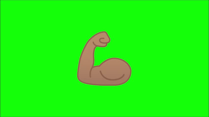 A high-quality flat vector illustration of a flexed bicep emoji isolated against a solid, vibrant lime green chroma key background. The arm is depicted in a stylized, cartoonish manner with a medium brown skin tone, a thick dark brown outline, and simple shading to create a rounded, 3D effect. The arm is bent at the elbow with the hand clenched into a fist, showcasing a large, exaggerated muscle. The design is flat, bold, and iconic, perfect for use as a video overlay, fitness graphic, or social media sticker.