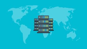 Flat animation of a server rack with technology icons appearing against a world map background - Powered by Shutterstock - Get 15% off with code: PIKWIZARD15