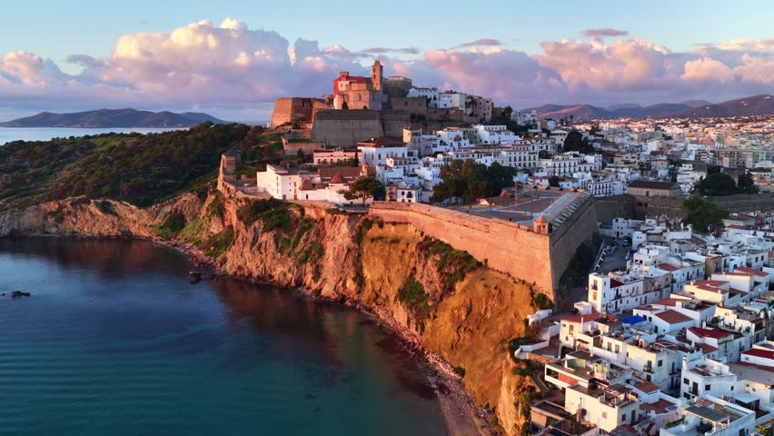 Sunrise aerial view of Eivissa old historic town and fortress on Ibiza island, Balearic Islands, Spain, vacation in Ibiza, travel on Ibiza island