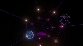 Retro futuristic neon tunnel animation with glowing wireframe geometric shapes and data nodes. Synthwave style 8k motion graphics background with purple and blue lights. - Powered by Shutterstock - Get 15% off with code: PIKWIZARD15