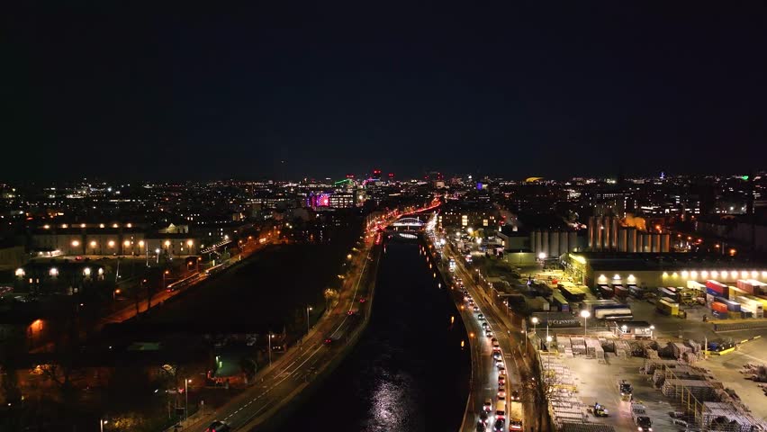 4k Cinematic Drone Footage flying over River Liffey at night - Co.Dublin - Ireland D_049
