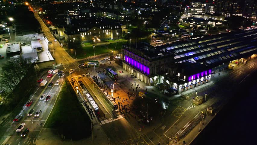 4K Cinematic Drone Footage of Heuston Station at night Ireland_038