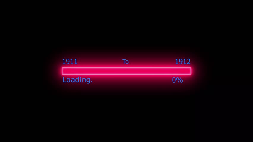 Loading 100 percent complete progress bar digital interface technology modern design white color animation. New year 1911 to 1912 loading animation. Neon bright rectangle frame black background.