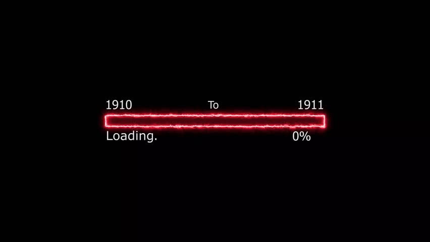 Loading 100 percent complete progress bar digital interface technology modern design white color animation. New year 1910 to 1911 loading animation. Neon bright rectangle frame black background.
