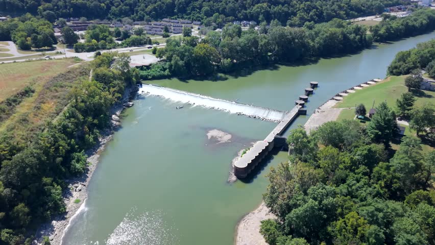 Kentucky River Lock and Dam number 4 is a historic landmark near Frankfort - dynamic aerial parallax at daytime