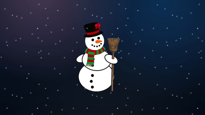 Cute snowman with hat and scarf standing under falling snow on a starry night background.
