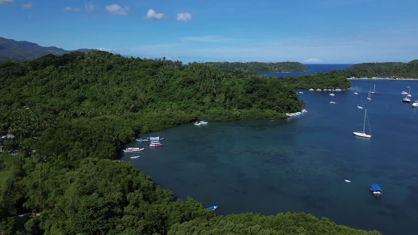 Aerial drone footage of small boats anchored in a calm tropical bay in Puerto Galera Philippines surrounded by dense green forest and clear turquoise water creating a peaceful travel and nature scene