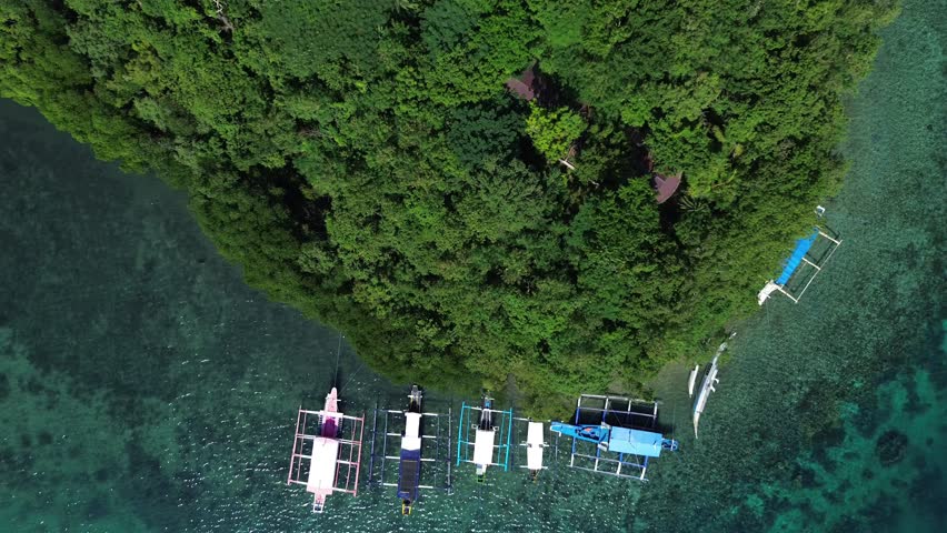 Aerial top down drone view of small boats floating in a tropical bay in Puerto Galera Philippines featuring crystal clear turquoise water, calm sea and vibrant colors ideal for travel and diving.