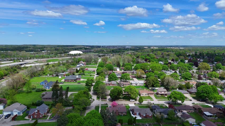 Livonia residential neighborhood near I-96 and I-275 highways in Michigan, USA, aerial view
