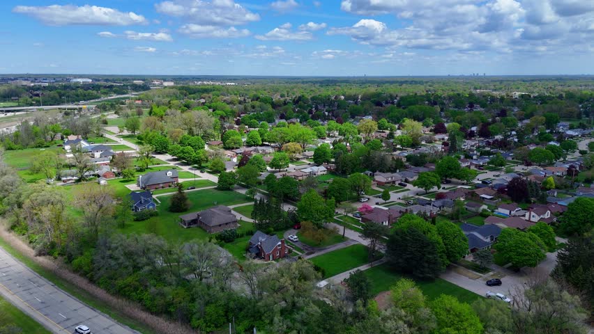 Small American Town Livonia in Michigan, Near I-96 and I-275, aerial dolly in view
