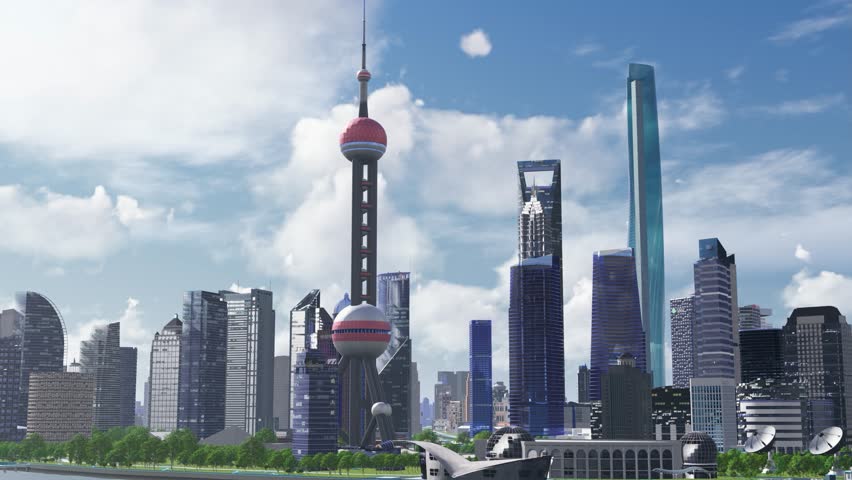 Time-lapse photography of the skyscrapers along the Bund in Shanghai, China