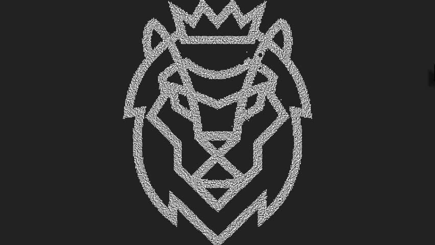 Geometric line art lion head with crown on dark background. 