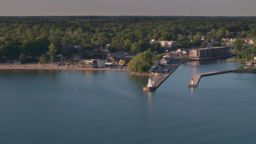 Aerial view of Port Dover pier and buildings by Lake Erie, Ontario, Canada