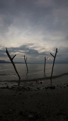 Minimalist Sticks on Lake at Dusk