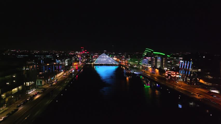 4K cinematic drone footage of Dublin’s Samuel Beckett Bridge at night Ireland_076