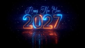 Animated neon Happy New Year 2027 typography appears through a smooth text reveal, glowing blue and orange lights rotating above a reflective dark floor with falling snow, designed as a seamless loop. - Powered by Shutterstock - Get 15% off with code: PIKWIZARD15