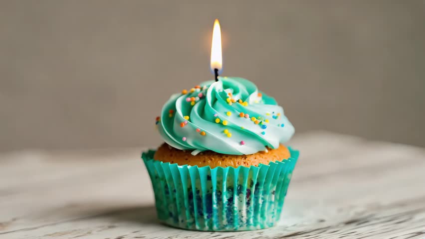 Close-up of a cupcake with blue frosting, lit candle and bokeh lights in the background, perfect for birthdays and celebrations