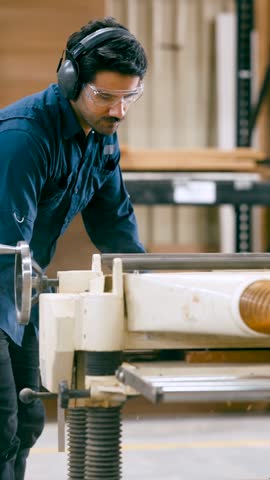 Skilled craftsman wearing safety glasses and ear protection operating a wood planer machine. Industrial worker processing timber in a factory. Vertical