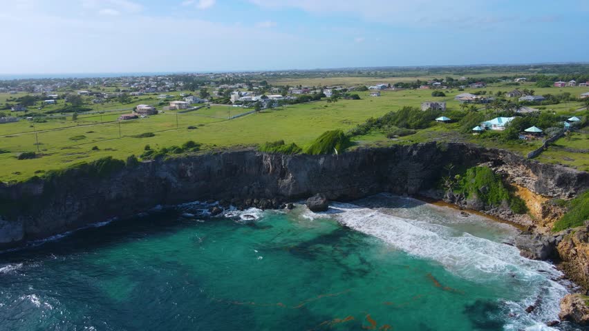 Ragged Point Lighthouse aerial view in historic village of Marley Vale, Saint Philip, Barbados. 