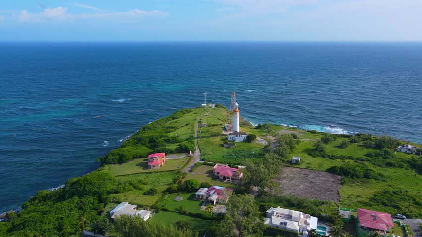 Ragged Point Lighthouse aerial view in historic village of Marley Vale, Saint Philip, Barbados. 