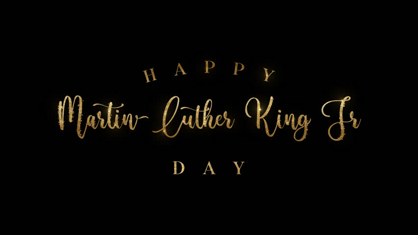 Happy martin Luther king Jr day in glitter gold text animation. Suitable for holiday greeting cards, social media posts, and event flyers. Great for celebrating diversity and unity.