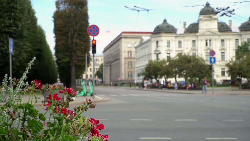 Picturesque video capture showcases street traffic in central district of Riga, the capital of Latvia. No recognizable people or logos. Blurred background.