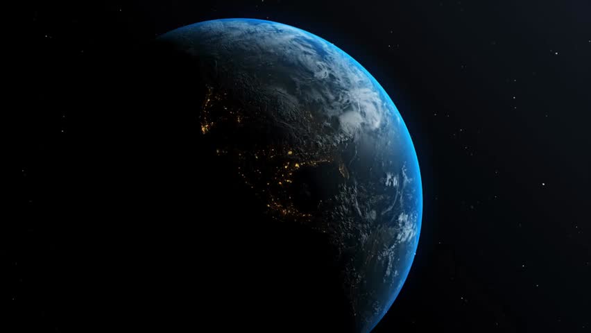 Ultra-realistic 3D animation of Earth spinning in space, satellite view, showing globe rotation, continents, and oceans on a dark background.