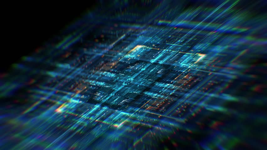 Technology Background CPU Futuristic Circuit Animation. 3D Visualization AI Processor Power. Colorful Blue GPU Digitalization Process. Data Transmission in Board Chip One Virtual Computer Closeup 4K