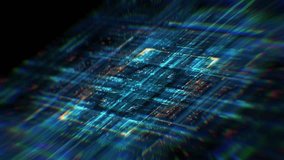 Technology Background CPU Futuristic Circuit Animation. 3D Visualization AI Processor Power. Colorful Blue GPU Digitalization Process. Data Transmission in Board Chip One Virtual Computer Closeup 4K - Powered by Shutterstock - Get 15% off with code: PIKWIZARD15