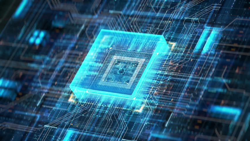 Technology Background CPU Futuristic Circuit Animation. 3D Visualization AI Processor Power. Colorful Blue GPU Digitalization Process. Data Transmission in Board Chip One Virtual Computer Closeup 4K