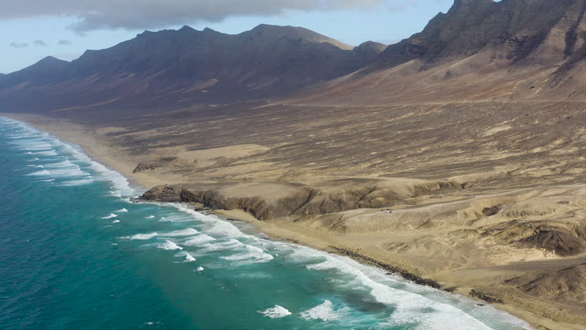 Aerial view of the mountains around in the Natural Park of Cofete, Fuerteventura Island, Spain.