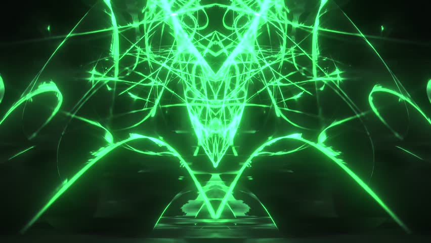 Structure green neon mirrored geometry with strong digital glitch presence including scanlines, pixel breakup, signal tearing, chromatic aberration and interference noise, vertical symmetry on central axis, layered geometric shards, corrupted signal texture, distorted electronic pattern used as vj loop.