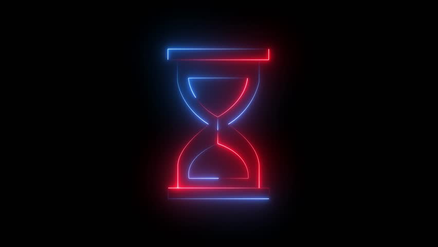 Glowing Neon Hourglass Icon Animation On black Background. Sand sign. Business and time management concept.