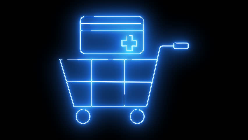 A glowing blue shopping cart with a medical card inside against a black background