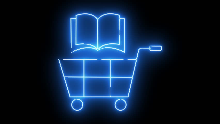A neonblue outline shopping cart with an open book inside on a black background