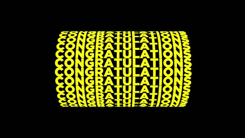 Congratulations yellow color Rotating X-Axis 3D text cylinder tube motion animation on black background