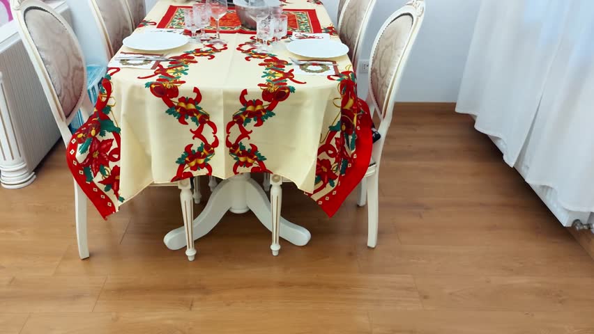 A festive dining table set for an elegant meal with an ornate cream and red floral tablecloth, classic white chairs, and fine glassware on a polished wood floor in a bright room