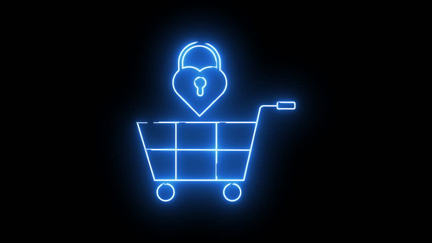 Blue neon shopping cart with a heartshaped padlock on a black background