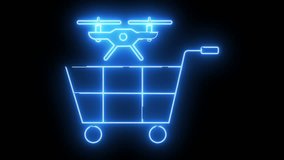 Glowing neon blue outline of a shopping cart with a drone above it against a black background - Powered by Shutterstock - Get 15% off with code: PIKWIZARD15