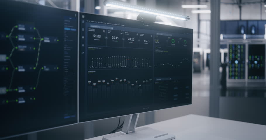 Close Up on Two Monitors in Clean Office, Showing Complex Flow Diagrams and Performance Statistics. Monitoring Network Flow and System Performance. Network Management, and Technical Control Center.