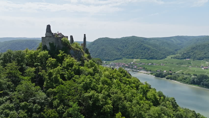 Aerial view of the ruins of an old fortress in Durnstein Austria. Wachau Valley, Danube River beautiful nature landscape.
