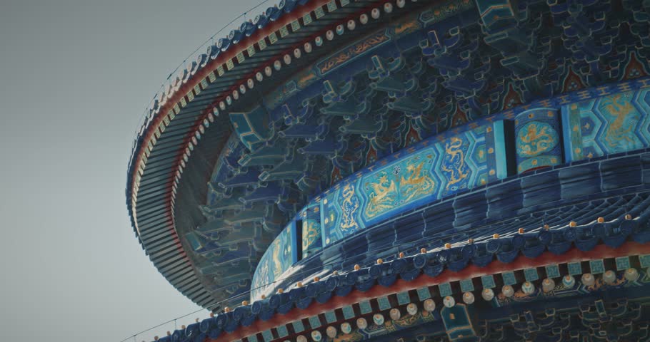 Beijing, China famous landmark Temple of Heaven. mesmerizing view from below showcases decorative elements in a historical Chinese building.