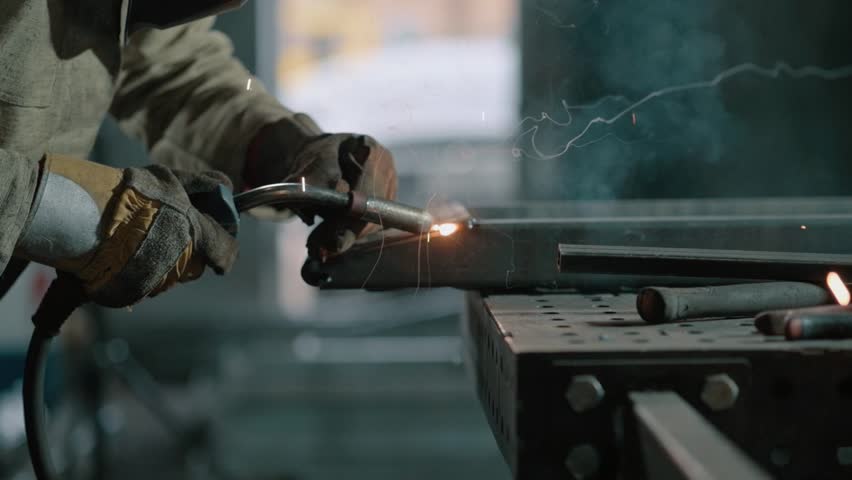 A close-up of a worker welding metal, with bright sparks flying as the torch fuses steel on an industrial workbench. Slow motion.