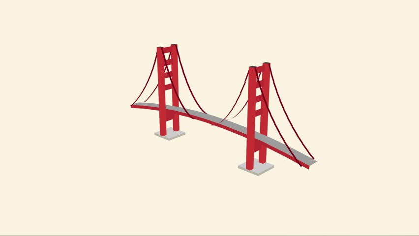 "Minimalist 3D isometric animation of the iconic Golden Gate Bridge rotating on a clean cream-colored background."