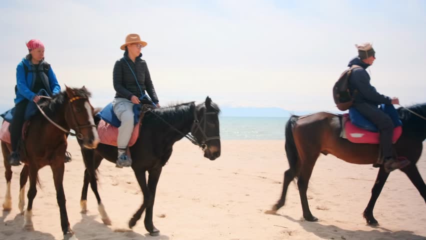 Group of travelers riding horses along a sandy beach on a sunny day. People explore the coastline during an eco-friendly horseback tour. Relaxed pace, ocean view, and calm atmosphere.