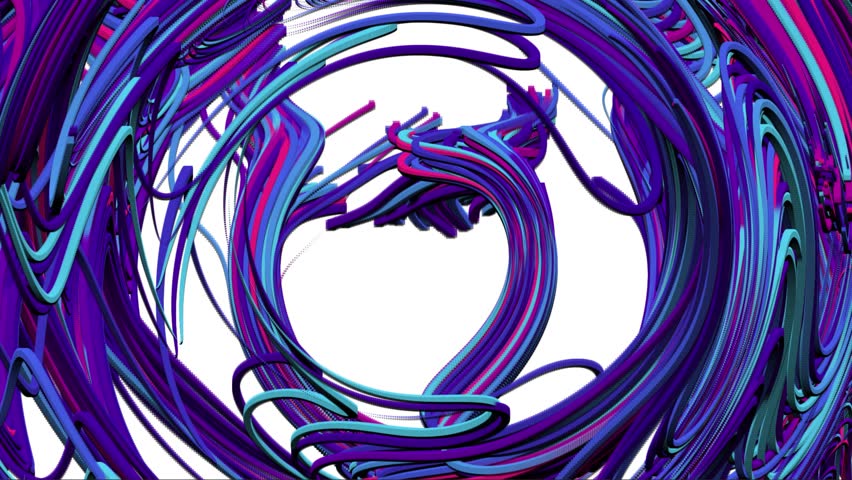 "Abstract 3D animation of vibrant purple, blue, and pink neon wires swirling and intertwining in a continuous fluid motion on a white background."