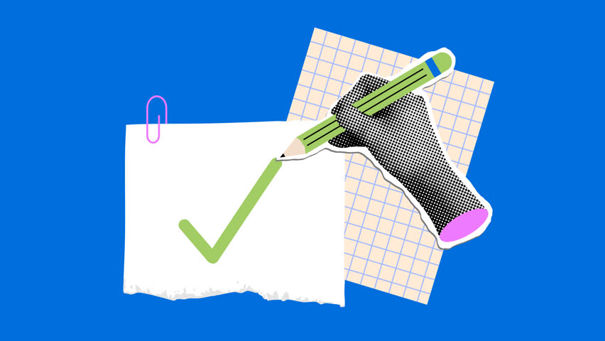 Hand draws a check mark. Confirmation. Concepts of agreement and choice. Halftone collage animation