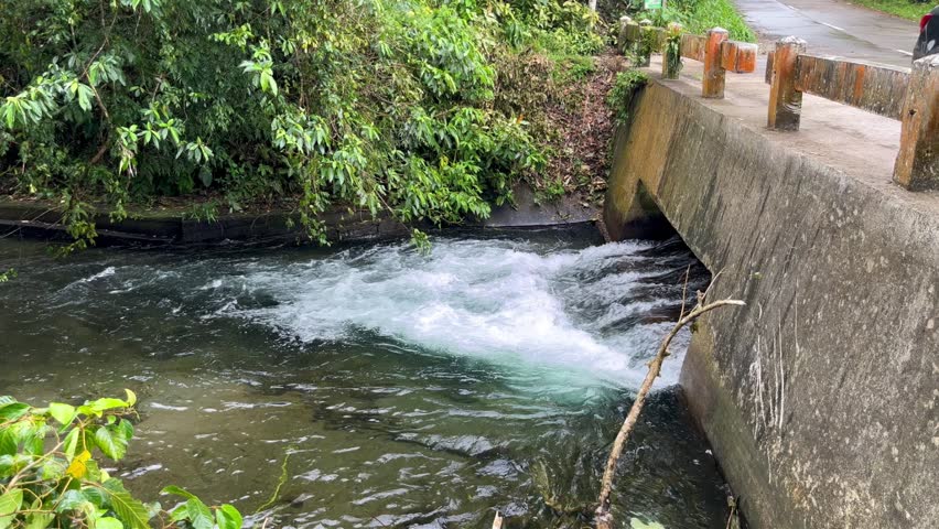 Water flowing rapidly from a small concrete dam structure into a lush green stream with turbulent white water.