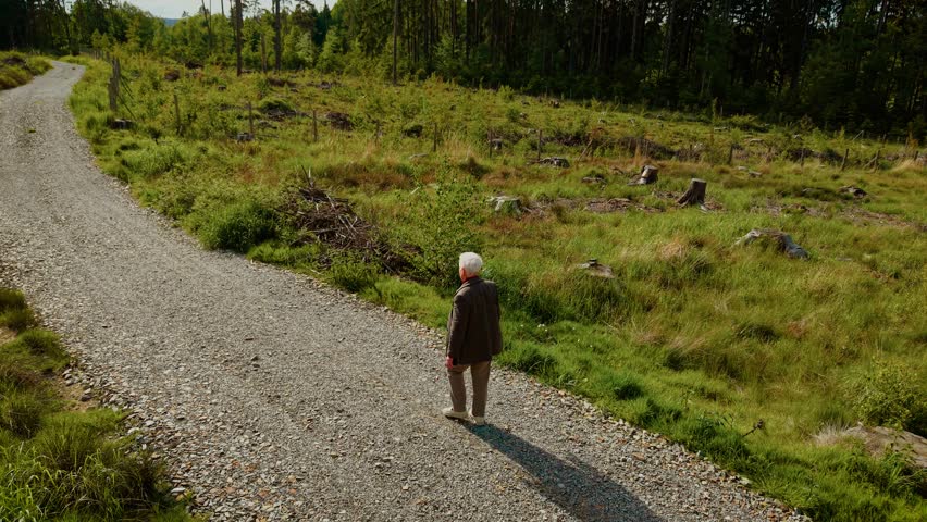 Senior woman walking down forest road enjoying tranquil landscape. Older woman strolling on gravel path feeling peaceful. Retiree walking along woodland trail embracing natural beauty