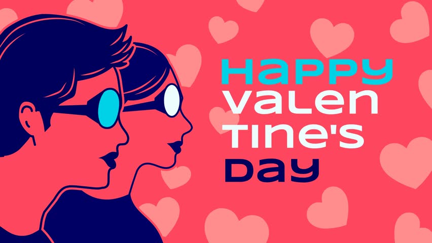 Modern Valentine 4K looping animation featuring a stylish couple illustration facing each other with floating heart shapes and bold “Happy Valentine’s Day” text. Trendy romantic motion background for promos, ads, and greetings.